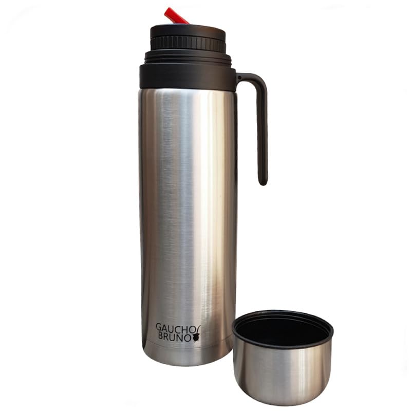 Gaucho Bruno Yerba Mate Flask - Thermal Drink Container with Precision Pour Spout for Water, Handle & Screw Lid - Insulated Canteen for Hot & Cold Beverage - Brushed Stainless Steel - 1 Litre Capacity