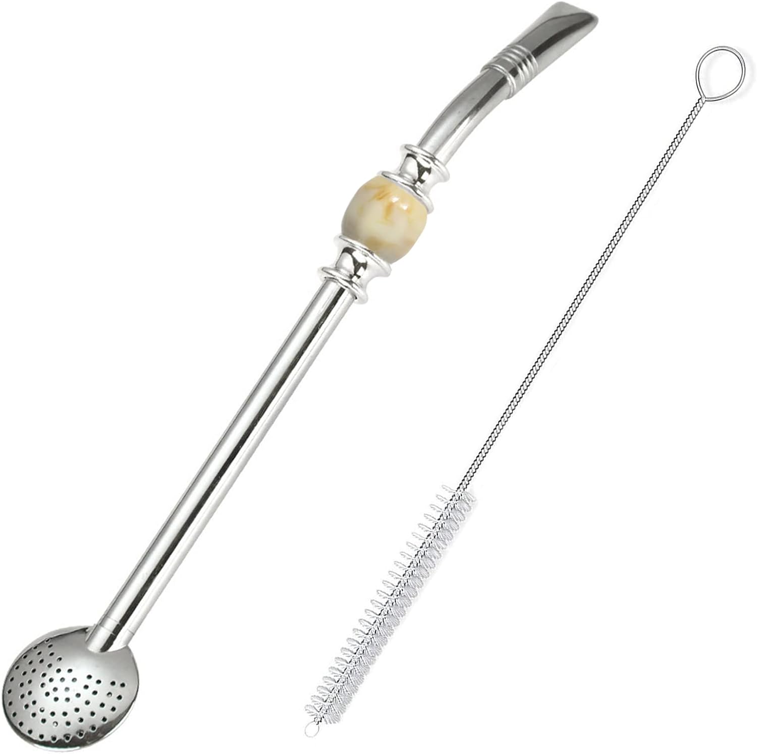 Reusable Bombilla Yerba Mate Straw - Stainless Steel Removable Spoon Style Filter with a Beautiful Bead - Metal Straw for Drinking Loose Leaf Tea, Coffee, Cocktails - Includes Cleaning Brush by Beruth