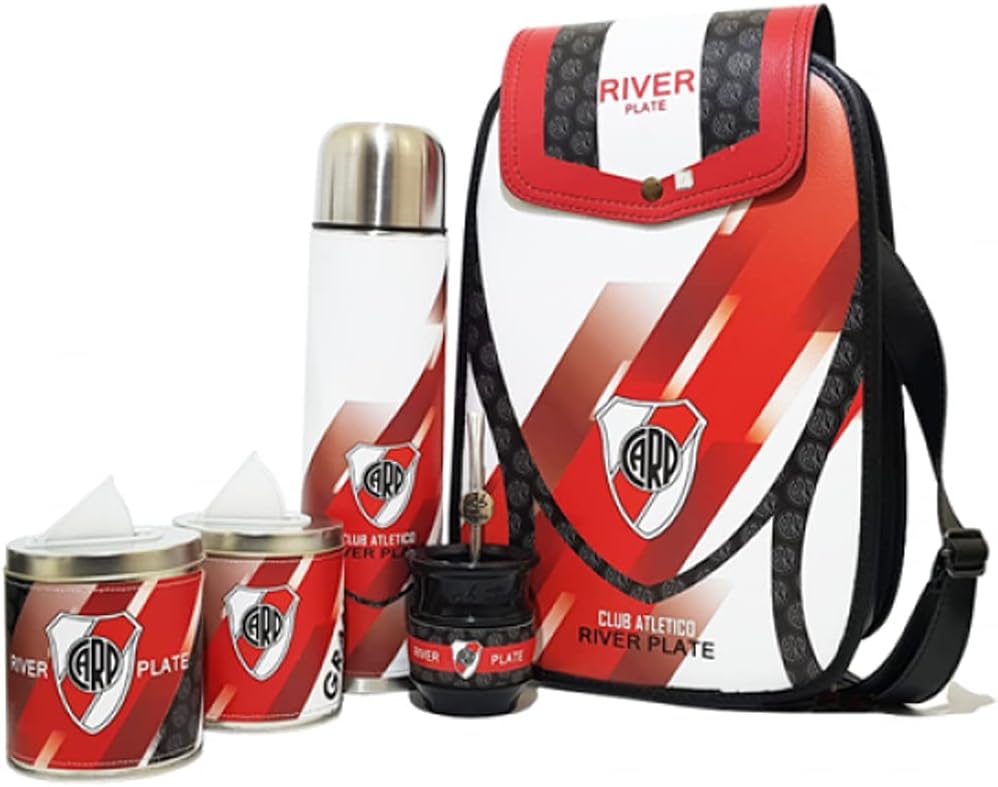 Mates River Plate Eco Leather Complete Set to Drink Yerba Mate Kit All Accesories Included: – Containers – Gourd (Cup) – Bombilla (Straw) – Thermos – Bag, White, Red, 34 X 23 X 12