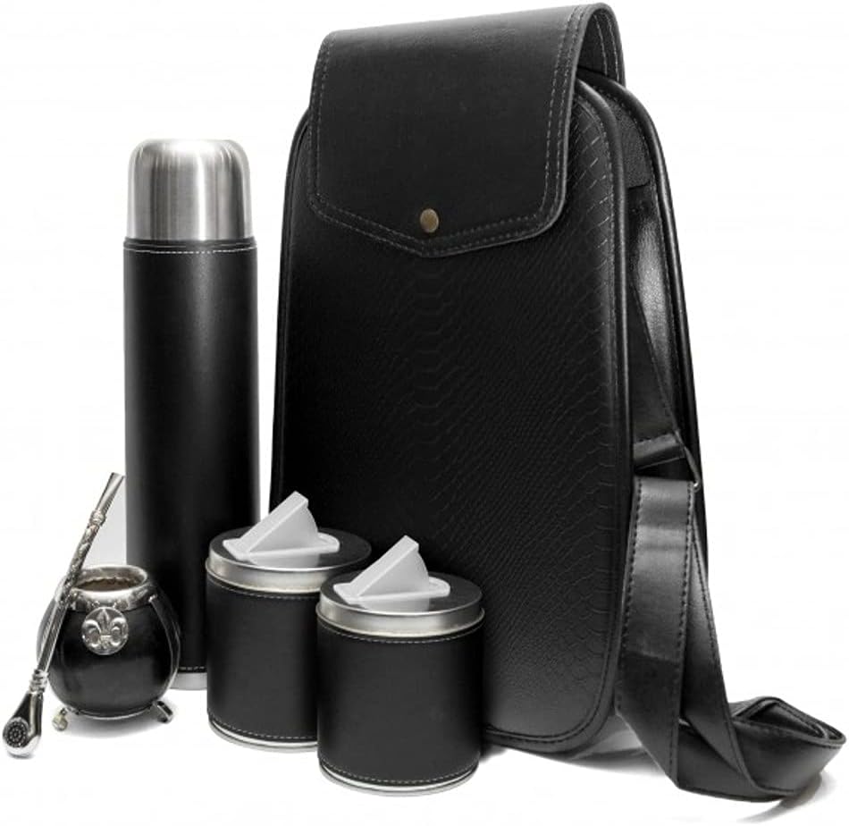 Mates Eco Leather Complete Set to Drink Yerba Mate Kit All Accesories Included: – Containers Gourd (Cup) Bombilla (Straw) Thermos Bag, Black, 34 X 23 X 12