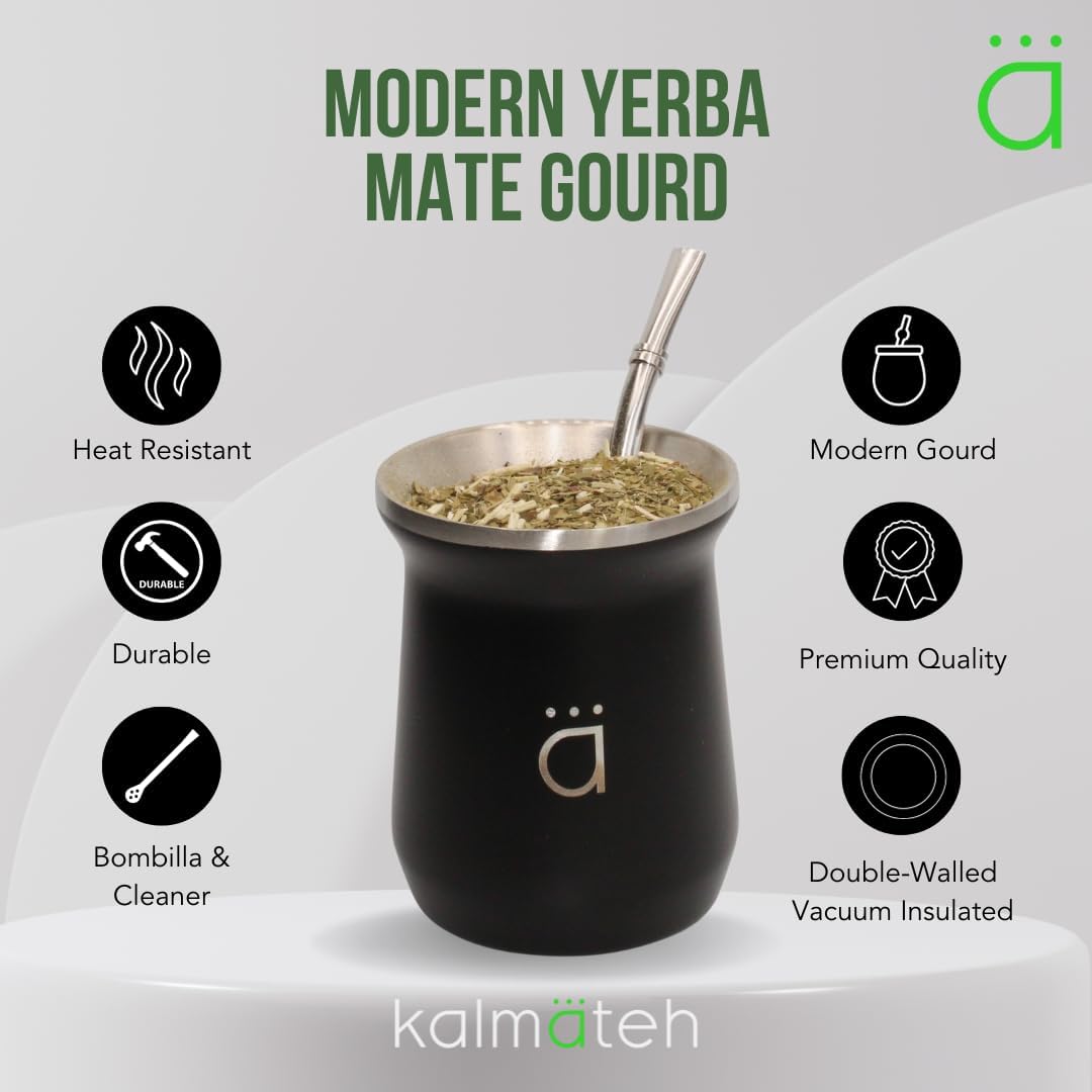 Kalmateh New Yerba Mate Gourd - Double Walled 18/8 Stainless Steel Mate Cup- Includes Bombilla Straw and a Cleaning Brush-10oz (Matte Black)