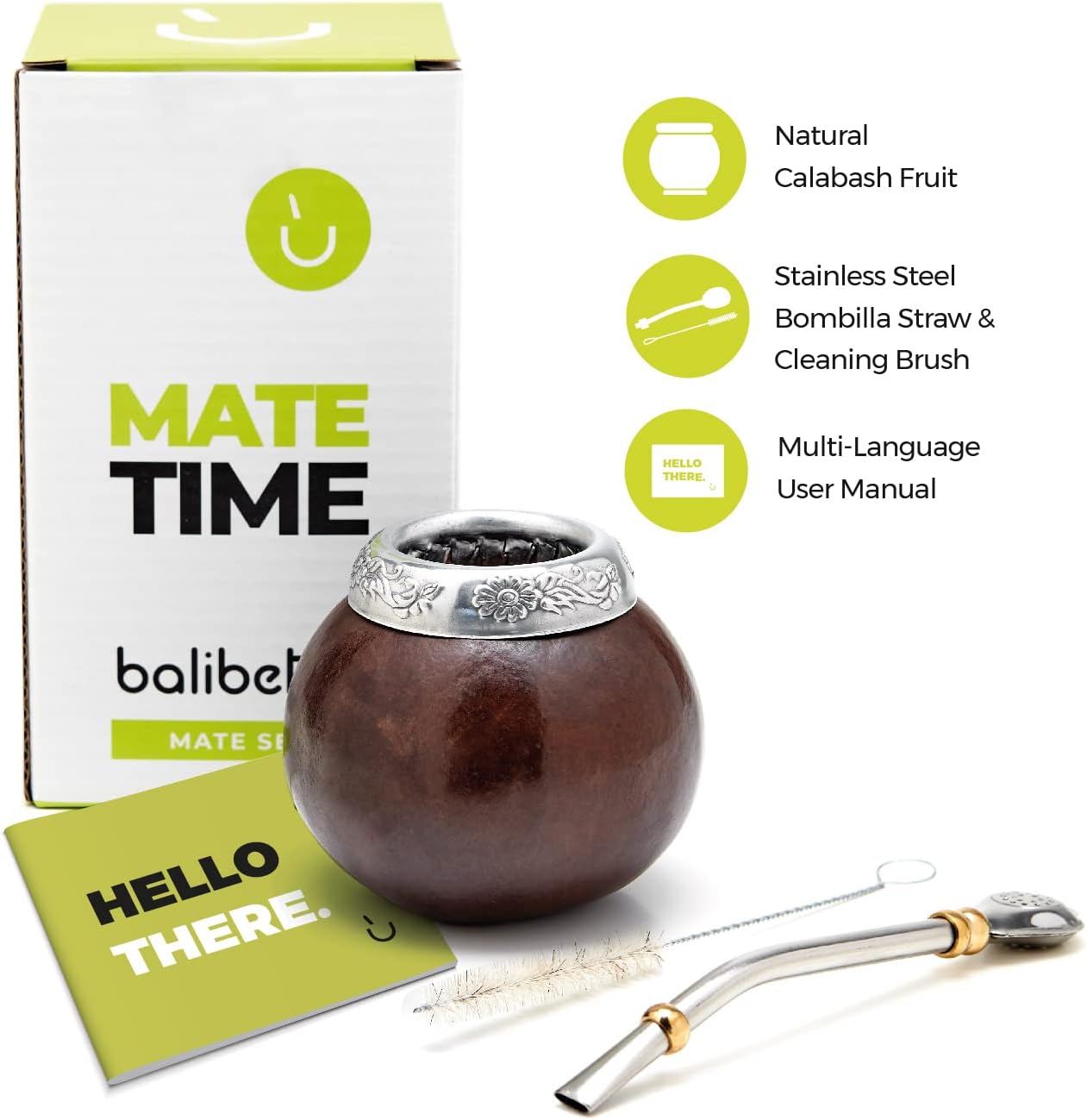 Balibetov Yerba Mate Gourd Set (Original Natural Handmade Yerba Mate Cup Argentina) - Includes Mate Tea Cup, Bombilla (Yerba Mate Straw) and Clean Brush (Brown)