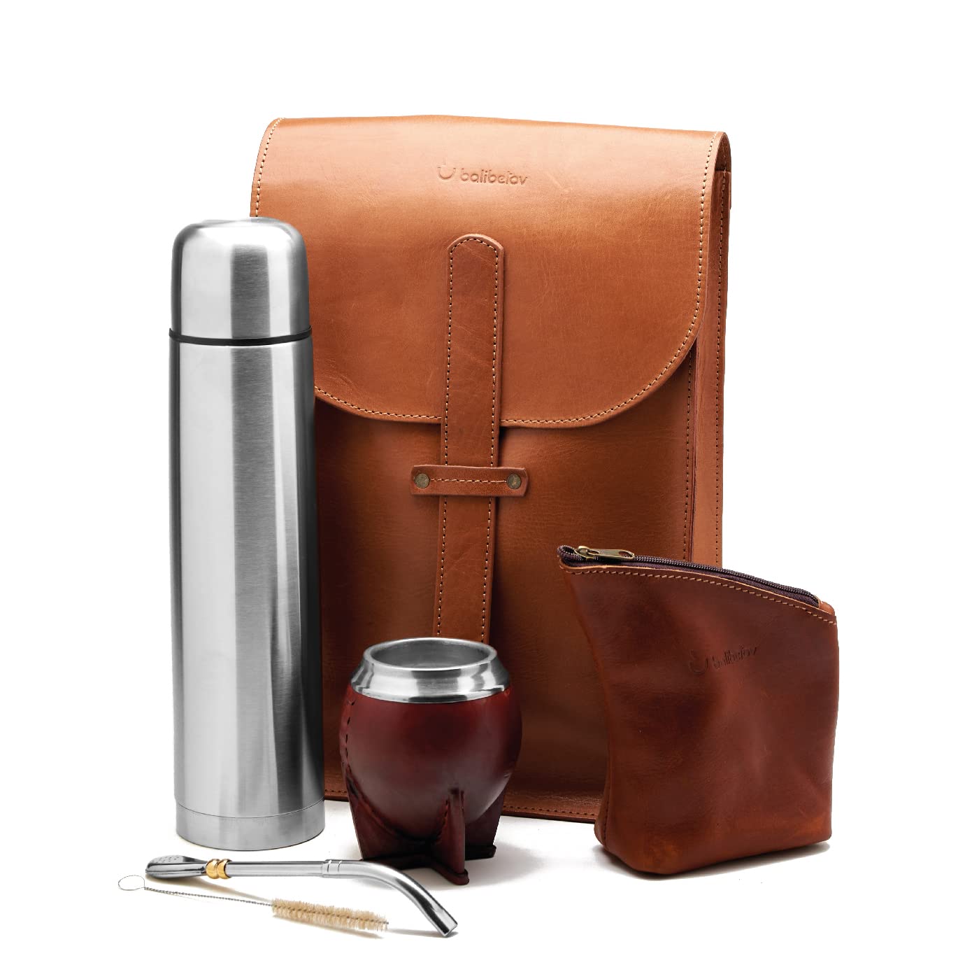 BALIBETOV Complete Yerba Mate Kit - Handmade Matera Bag, Mate Gourd, Thermos, Yerba Container, Bombilla and Cleaning Brush Included - Premium Argentine Mate Set