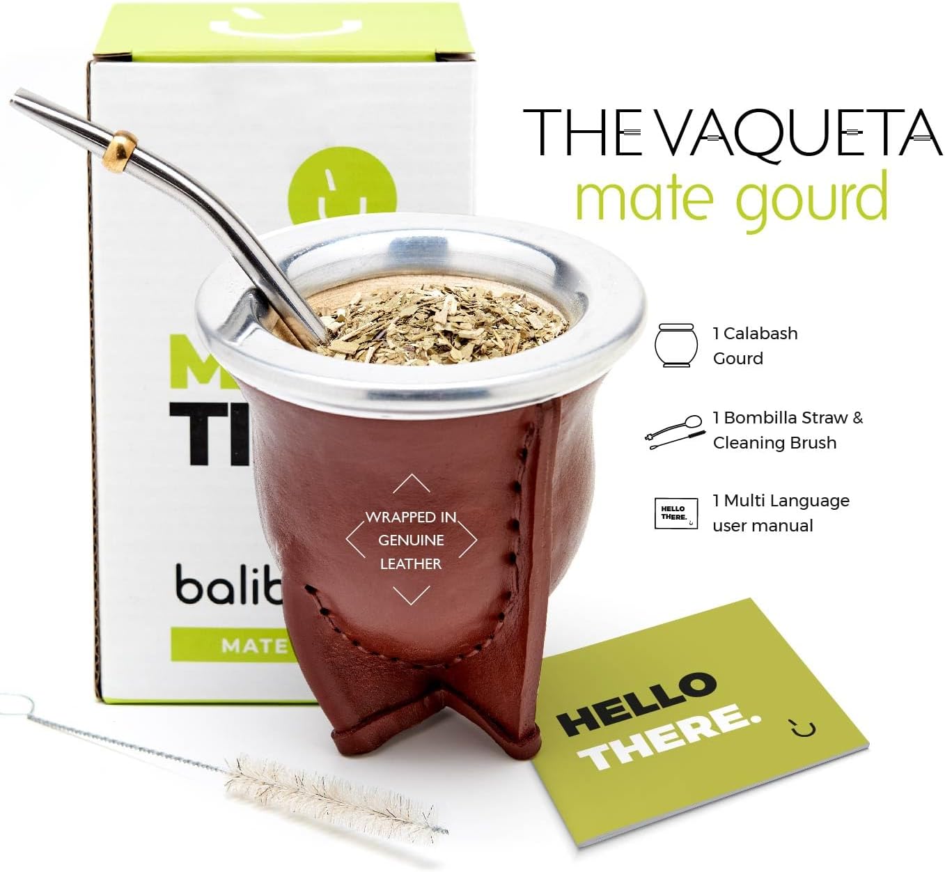 BALIBETOV [NEW Leather Wrapped Handmade Yerba Mate Gourd (Mate cup) with Bombilla (Yerba Mate straw) (Brown)