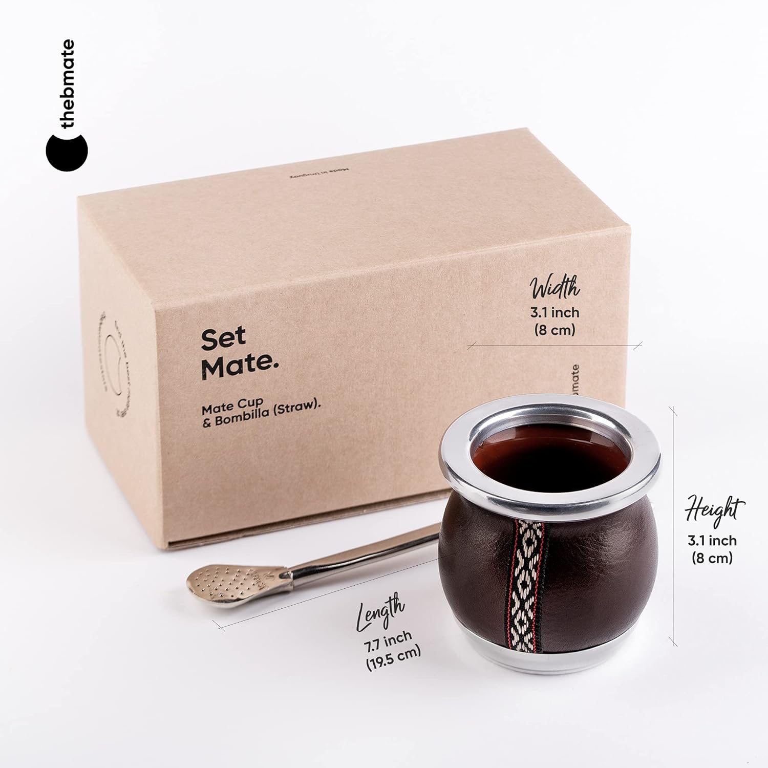 thebmate [Tiny Mate Premium Set Yerba Mate Cup - Crafted Ceramic Teacup - Brown Leather Wrapped Handmade in Uruguay - Set Mate Tiny with German Silver Bombilla Straw and Cleaning Brush (Dark Brown)