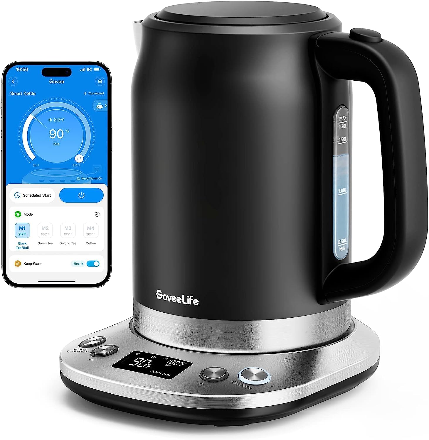 GoveeLife Smart Electric Kettle Temperature Control, WiFi Electric Tea Kettle with Alexa Control, 1500W Rapid Boil, 2H Keep Warm, 1.7L BPA Free Stainless Steel Water Boiler for Tea, Coffee, Oatmeal