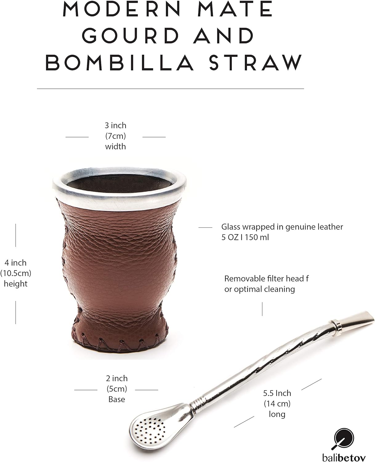 BALIBETOV [New Leather & Glass Yerba Mate Gourd Set (Mate Cup) with Yerba Mate Bombilla (Straw) (Black)